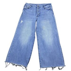 High Rise Wide Leg Cropped Button Fly Jeans Raw‎ Hem Denim Casual Womens Size 12